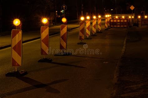 Roadworks with Warning Lights in the Night Stock Image - Image of ...