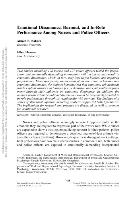 Emotional Dissonance, Burnout, and In-Role Performance Among Nurses and ...