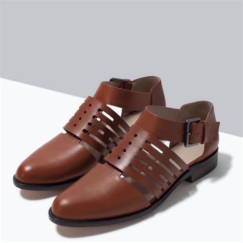 Zara Flat Leather Cut-Out Shoes Flat Leather Cut-Out Shoes in Brown | Lyst