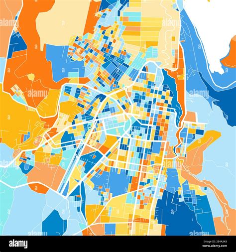 Color art map of Ibarra, Ecuador, Ecuador in blues and oranges. The ...