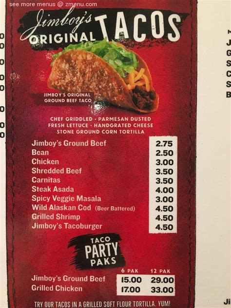 Menu at Jimboy's Tacos restaurant, Anaheim