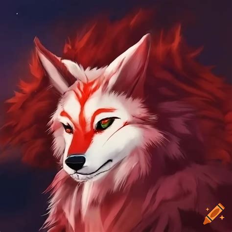 Close-up of a majestic ōkami wolf with red and white fur