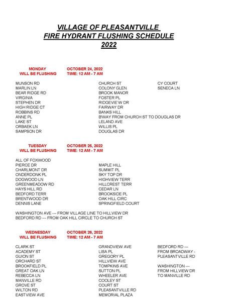 2022 Fire Hydrant Flushing Schedule | Pleasantville NY