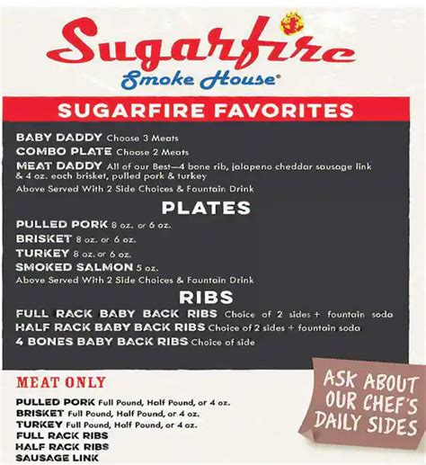 Menu at Sugarfire BBQ, Indianapolis