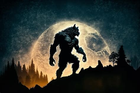 Premium Photo | Silhouette of werewolf on top of a cliff at night on ...