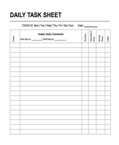 Printable Task List Sheet