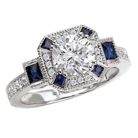 Diamond Sapphire Engagement Ring - Antique Style - 18K White Gold