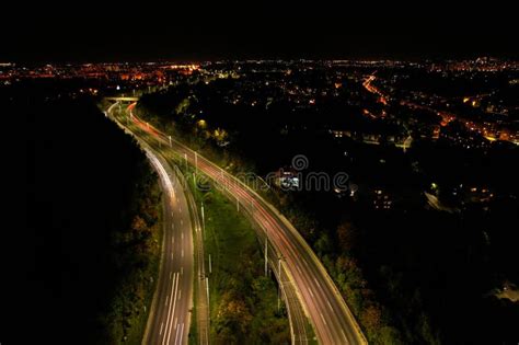 Top Down View To Road. Romantic Night Aerial Photo of Cars Traveling ...