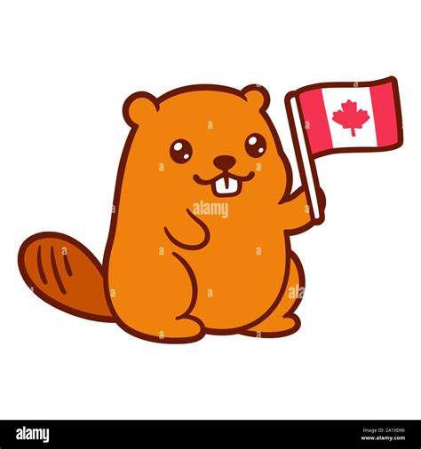 Cute cartoon beaver holding Canadian flag, Happy Canada Day ...