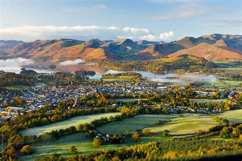 United Kingdom, England, Cumbria, Lake District, View over Keswick and ...