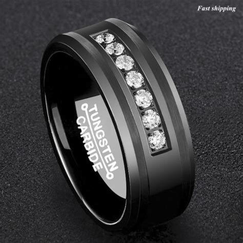 8mm Black Tungsten Carbide Ring Diamonds Inlay Comfort Fit ATOP Men ...