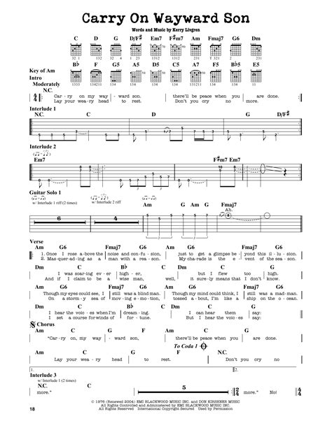 Carry On Wayward Son by Kansas - Guitar Lead Sheet - Guitar Instructor