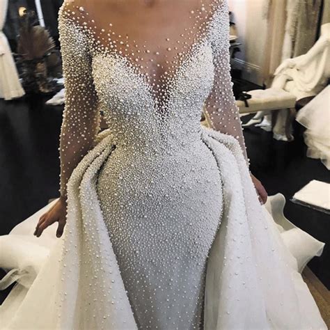 luxury wedding dresses 2020 detachable skirt peals beaded long sleeve ...