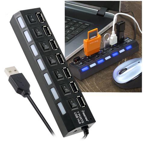 Insten 7-Port USB Hub with ON / OFF Switch Adapter LED Light, Black ...