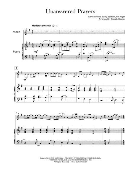 Unanswered Prayers Sheet Music | Garth Brooks | Violin and Piano