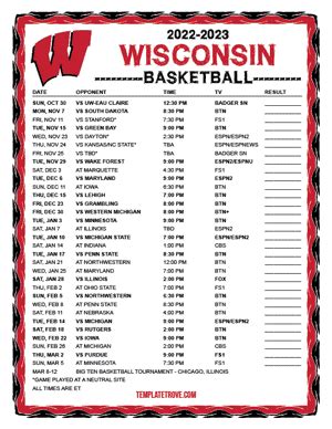 Printable 2022-2023 Wisconsin Badgers Basketball Schedule