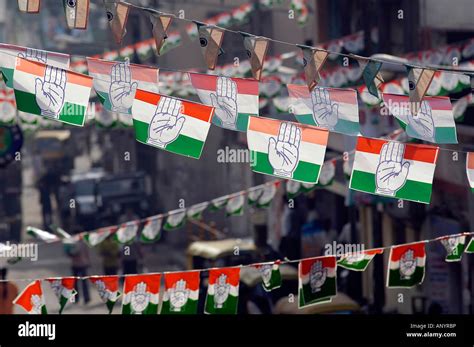 Hundreds of flags of the Indian National Congress Party, recognisable ...