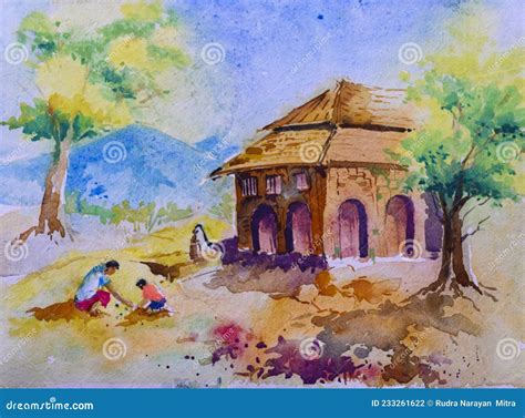 Bright Indian Village Watercolor Painting, Illustration Stock Photo ...