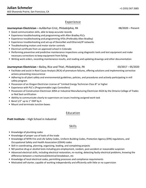 Journeyman Electrician Resume Samples | Velvet Jobs