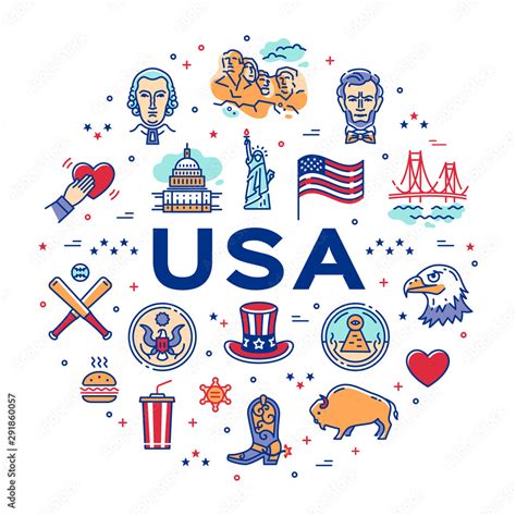 USA linear icons, circle infographics. American culture thin line icon ...