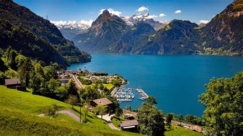 Village Near Alps Lake Around Mountain Panorama Switzerland HD Travel ...