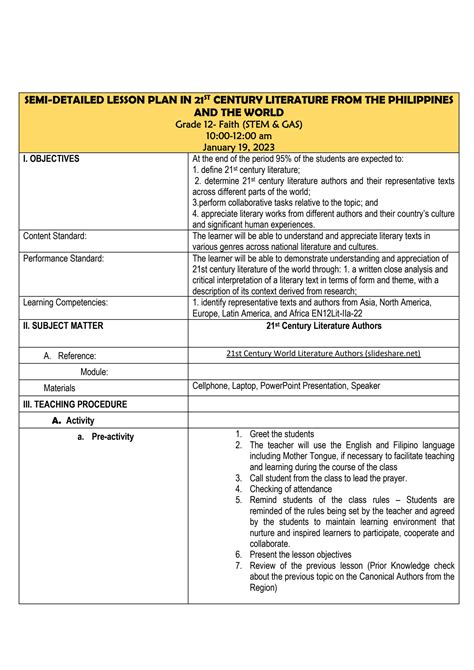 SOLUTION: Lesson plan 21st century literature from the philippines and ...