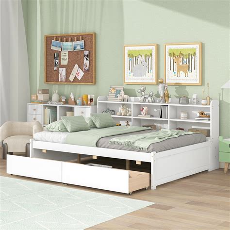 Full Size Daybed Frame with Side Bookcase and Drawers, Solid Wood ...