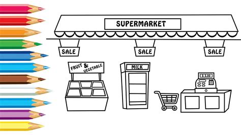 How to Draw and paint Supermarket Grocery Store step by step for kids ...