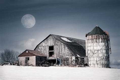 Old Barn and winter moon - Snowy Rustic Landscape Photograph by Gary ...