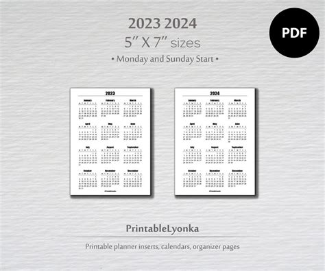 5x7 Inches Printable Calendar 2023-2024 Minimalist Calendar - Etsy