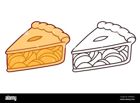 Cartoon apple pie slice. Color drawing and black and white line art ...