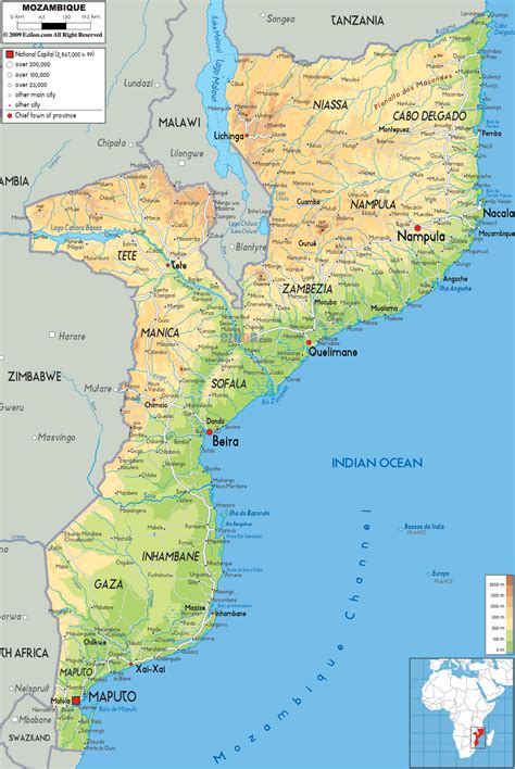 Physical Map of Mozambique - Ezilon Maps