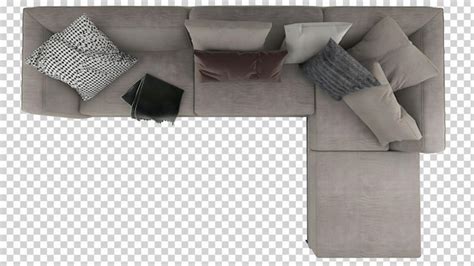 Premium PSD | Top view, gray big L shape sofa and pillows transparent