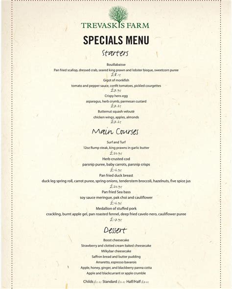 Trevaskis Farm - SPECIAL MENU The next evening special...