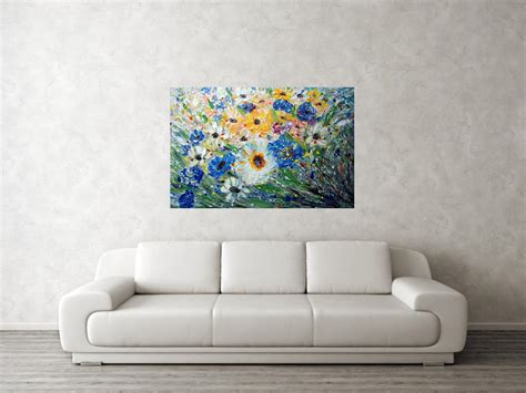 Flowers Painting Touch of Blue Meadow Oil Painting on Canvas - Etsy