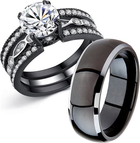 MABELLA Couple Rings Black Men Titanium Matching Band Women Cubic ...