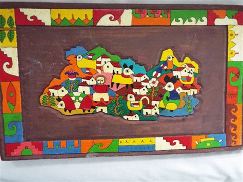 1970s LaPalma El Salvador folk art plaque painted village