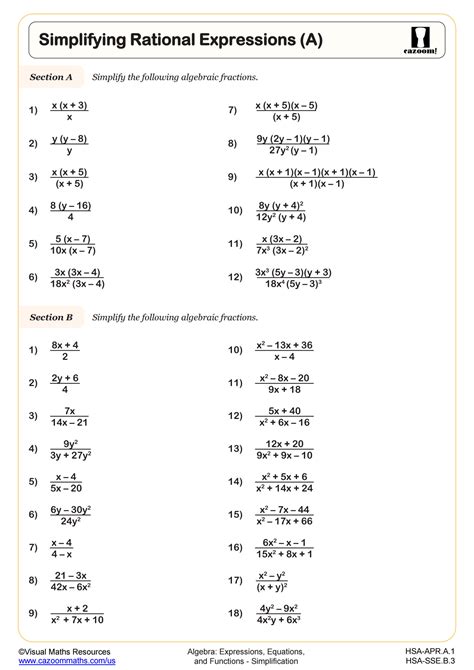 Simplifying Rational Expressions (A) Worksheet | Algebra II PDF Worksheets