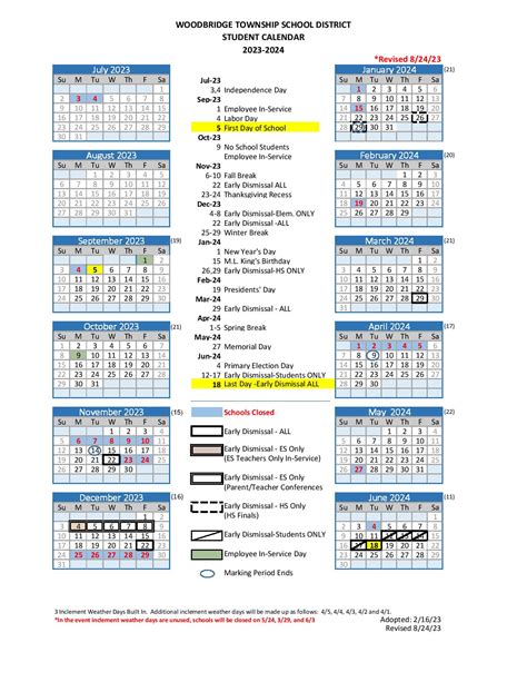 Woodbridge Township School District Calendar 2023-2024 in PDF