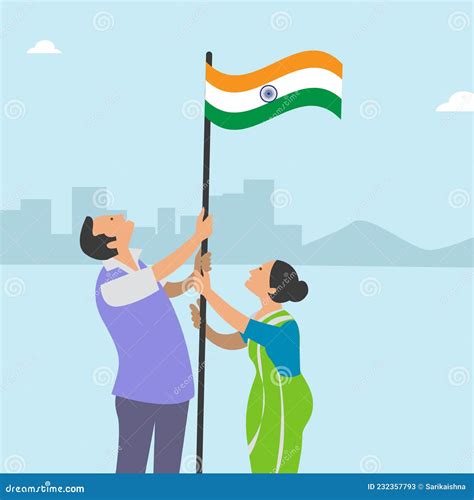 Two People Hoisting The Indian Flag On The Occasion Of Independence Day ...