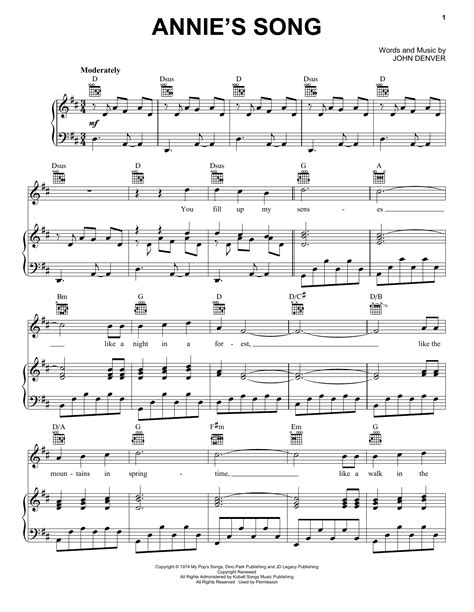 John Denver "Annie's Song" Sheet Music Notes | Download Printable PDF ...