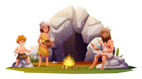 Cartoon caveman family activity in front of cave. Stone age prehistoric ...