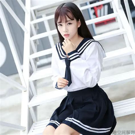 2017 New Navy Blue White Japanese school uniform Haraju Girls sailor ...