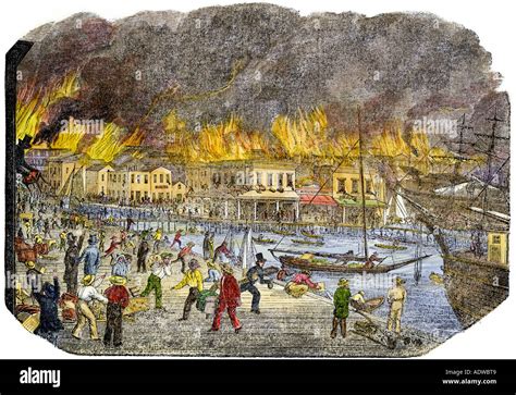 Great fire in San Francisco from a view on the waterfront 1851. Hand ...