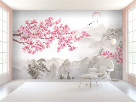 Cherry Blossom with Mountain Landscape Wallpaper Mural | Cherry blossom ...