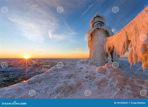 Sunset on a Frozen St. Joseph Michigan Pier - Michigan Stock Photo ...