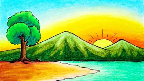 How To Draw Sunrise Scenery With Oil Pastel and Pencil Color | Drawing ...