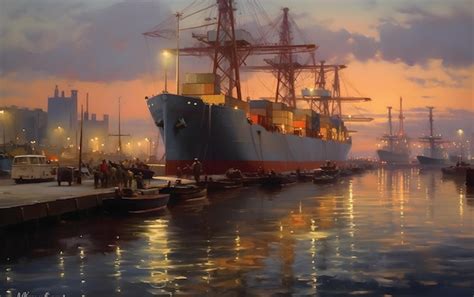 Premium AI Image | A painting of a ship at sunset with a sunset in the ...