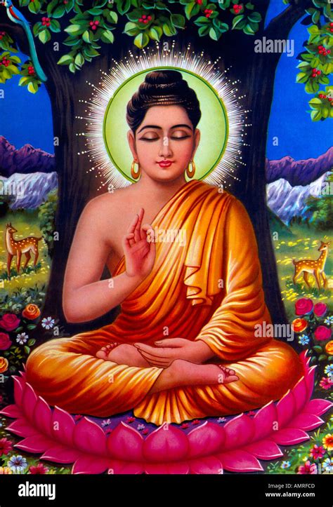 Buddha Under Bodhi Tree Sitting On A Lotus Flower Indian Painting Stock ...