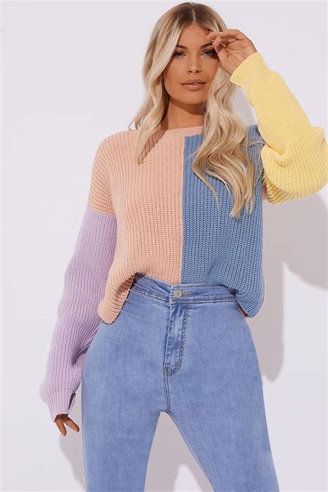 pastel colour block crew neck jumper | Color blocking outfits, Knit ...